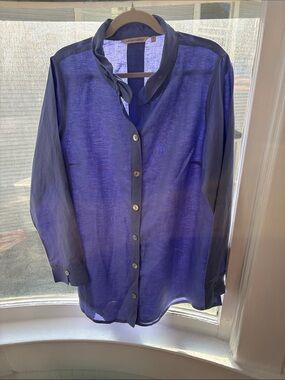 Soft Surroundings Sheer Royal Blue Button-Front Blouse-Medium